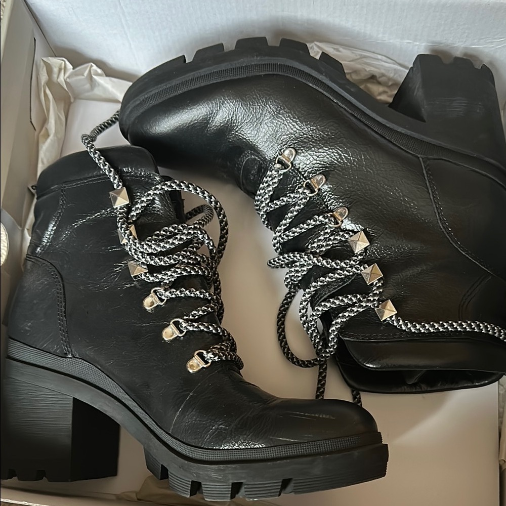 Marc Fisher Black Lace Up Combat Boots with Chunky Sole